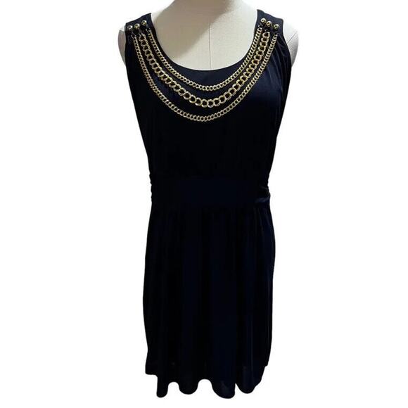 Milly Navy Gold Tone Knit Layered Chain Embellished Scoop Neck Sheath Dress Lg - Picture 2 of 13